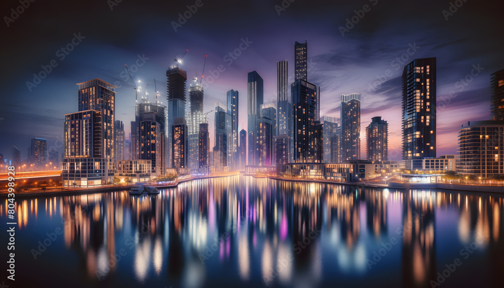 Obraz premium Twilight Reflections in Modern Metropolis: Urban Skyline with Waterfront Illuminations