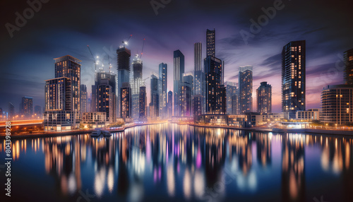 Twilight Reflections in Modern Metropolis: Urban Skyline with Waterfront Illuminations