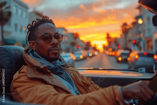 Young tech entrepreneur using a smartphone in a convertible, Silicon Valley backdrop, casual chic style, vibrant sunset colors photo