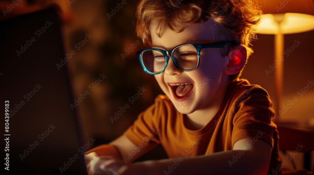 Cheerful boy wearing glasses, immersed in playful activities on a laptop