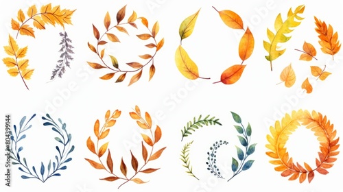 Wreath of colorful autumn fall leaves isolated on white background. Watercolour illustration with place for save date, text, photo. Fall, autumn, Thanksgiving
