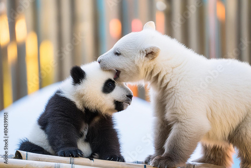 パンダとホッキョクグマの子供同士のイメージ画像 photo