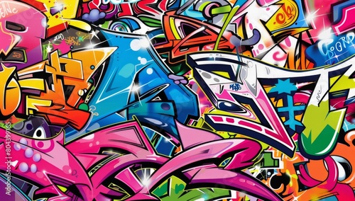 A vibrant graffiti artwork featuring an abstract design with swirling colors and dynamic shapes