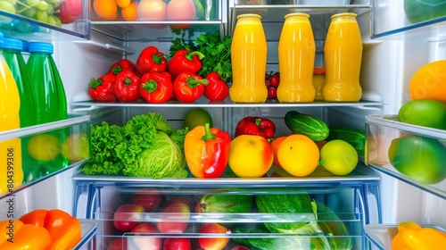 An open refrigerator door showing shelves filled with a variety of fresh foods