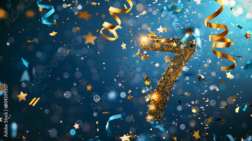 7 Anniversary celebration. Golden number 7 with sparkling confetti, stars, glitters and streamer ribbons, blue color palette background . photo