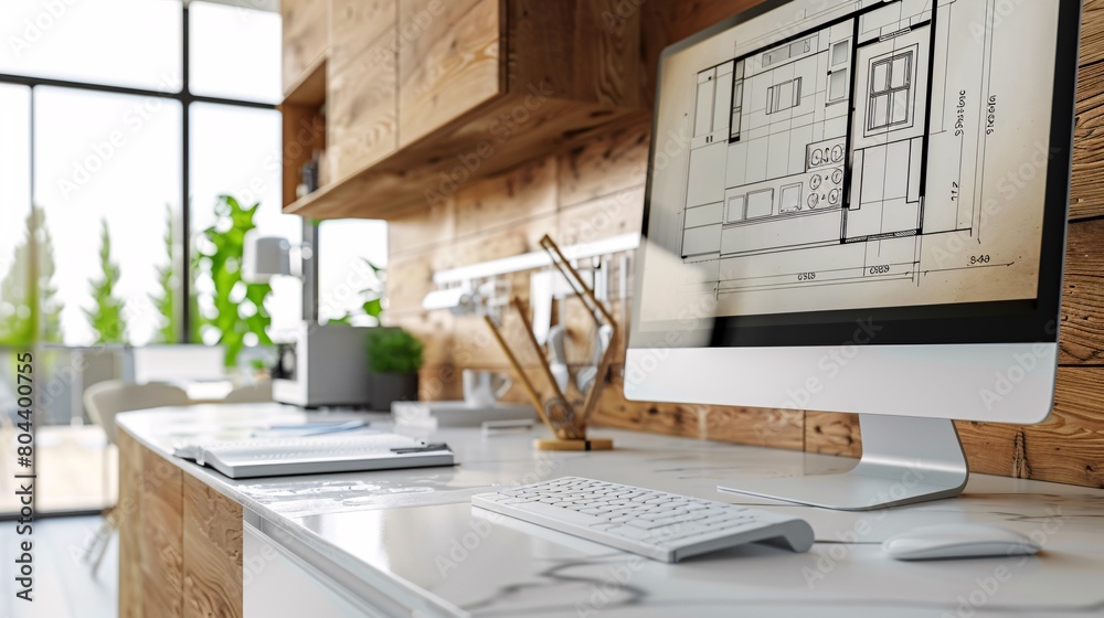 Architect house project concept, desktop computer on white work desk ...