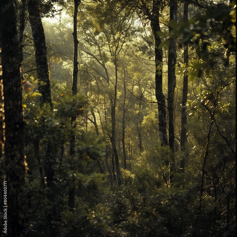 Obraz premium Sunlight Filtering Through a Dense Forest
