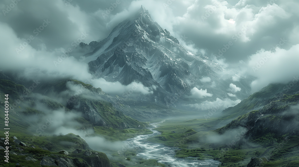 In the distance, a volcanic mountain peak peeks through the clouds, Generative AI