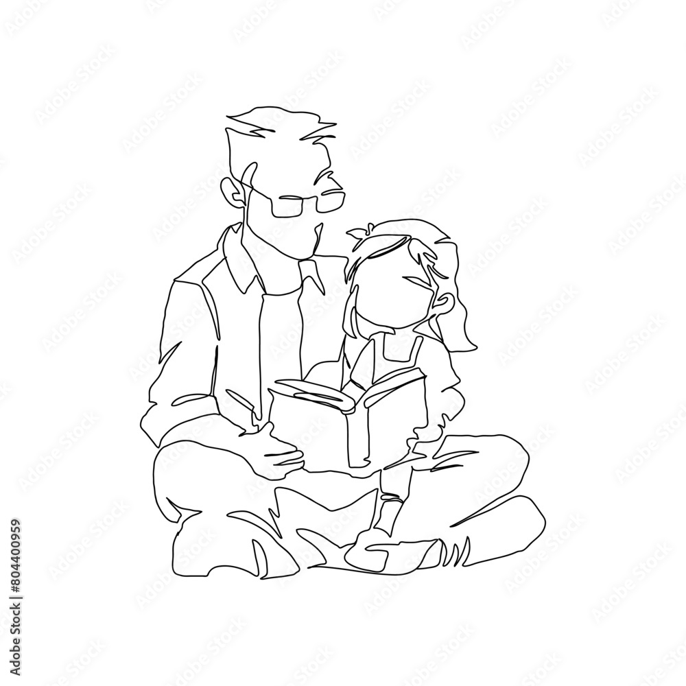 Continuous single drawn, one line dad and daughter reading book, parent love kid, line art illustration for fathers day decoration Continuous single drawn, one line dad and daughter reading book, parent love kid, line art illustration for fathers day decoration
