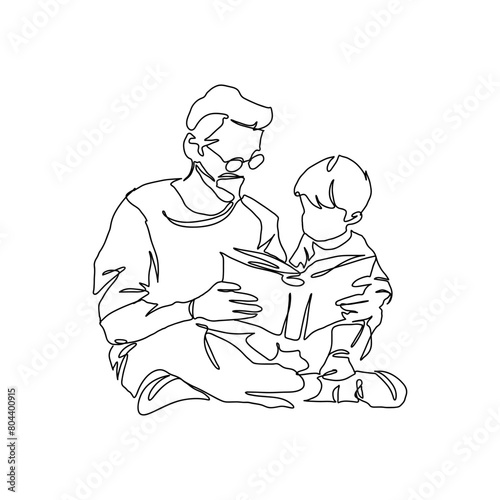 Continuous single drawn, one line dad and son reading book, parent love kid, line art illustration for fathers day decoration