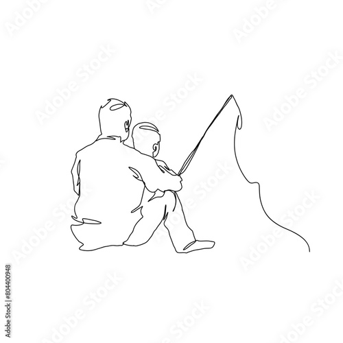 Continuous single drawn, one line dad and son fishing, parent love kid, line art illustration for fathers day decoration