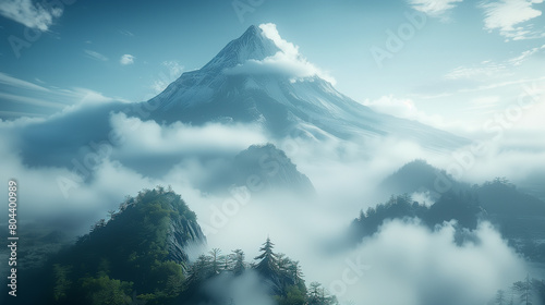 In the distance  a volcanic mountain peak peeks through the clouds  Generative AI
