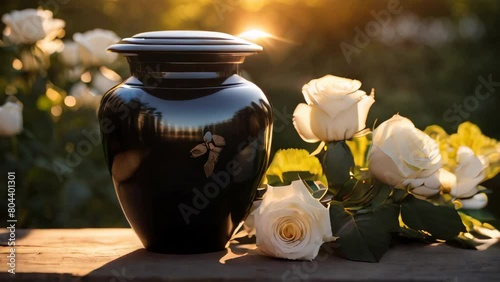 Black memorial urn with cremated remains and white roses, glistening in the warm sunlight outside. 