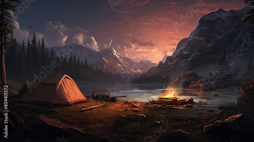 Craft a visually striking panoramic view of a wilderness camping site, blending elements of modern novels and surrealism in a digital rendering that transforms the scene into a unique, thought-provoki