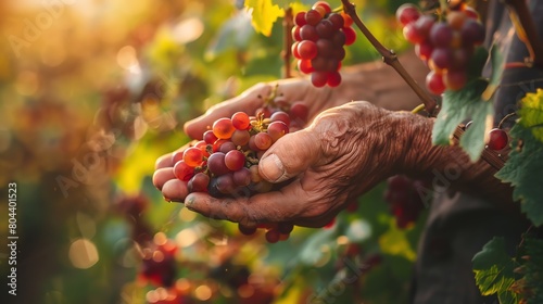 Farmer examining cluster of ripe grapes in vineyard, focus on hands with blurred green vine background