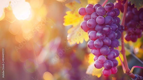 Purple grapes hanging on vine in vineyard during sunset, soft focus background with golden sunlight illuminating leaves