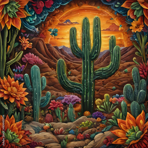 painting of a desert scene with cactus and flowers in the foreground