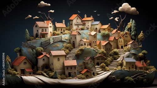 Craft a whimsical clay sculpture of a quaint village nestled among rolling hills, viewed from a surprising sideways perspective Play with textures and lighting to emphasize the charm of this unexpecte