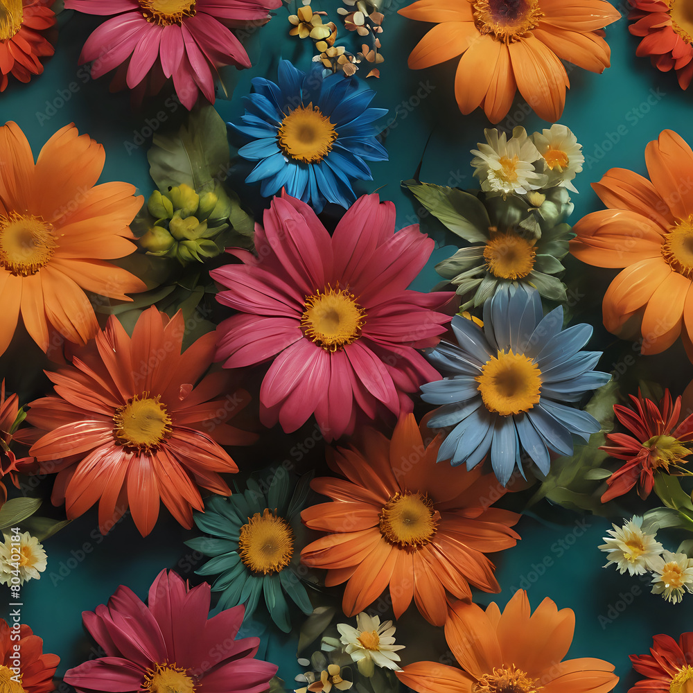 brightly colored flowers are arranged in a pattern on a blue surface brightly colored flowers are arranged in a pattern on a blue surface