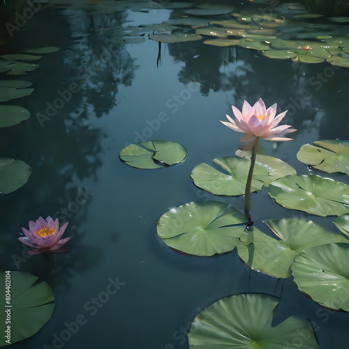 a two pink water lillies floating in a pond