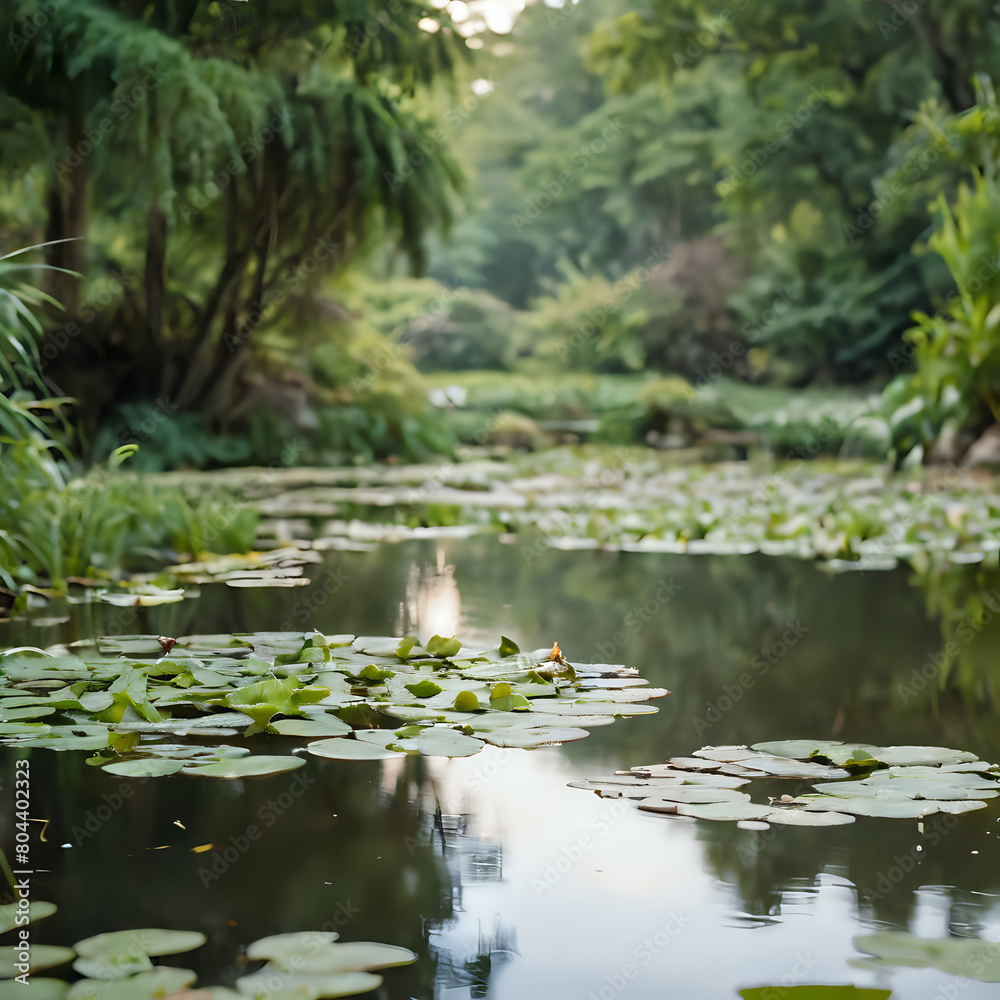 a pond with lily pads and a bird sitting on the water a pond with lily pads and a bird sitting on the water