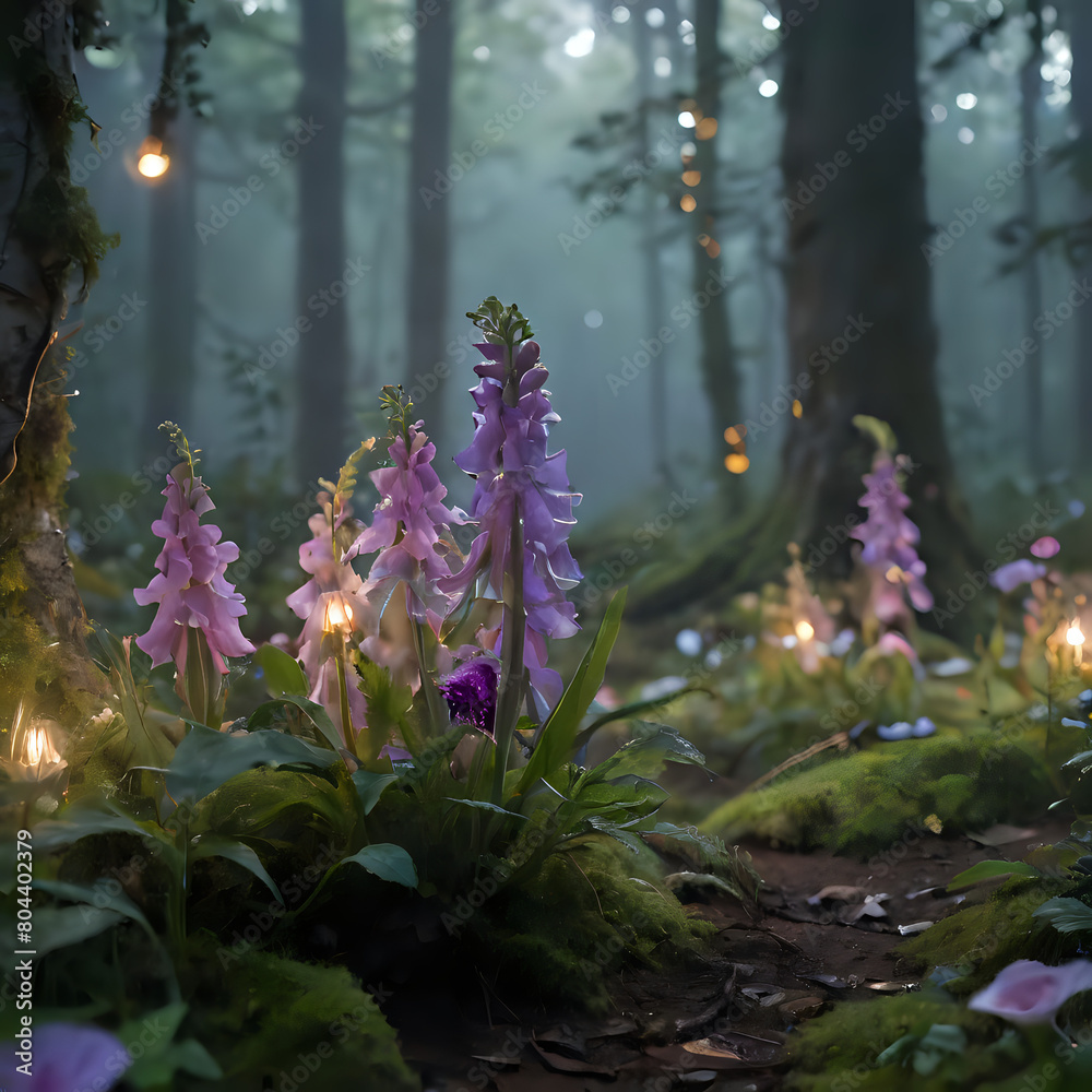 Obraz premium a many purple flowers in the middle of a forest