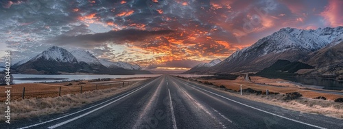 Asphalt road winding through mountainous natural landscape with sunset backdrop