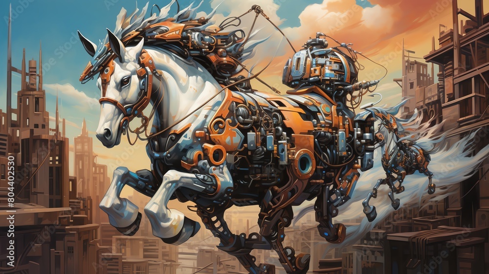 Craft an oil painting capturing a high-angle view of robotic unicorns exploring a fantastical cityscape Infuse the canvas with a blend of industrial elements and mythical charm, using bold brushstroke Craft an oil painting capturing a high-angle view of robotic unicorns exploring a fantastical cityscape Infuse the canvas with a blend of industrial elements and mythical charm, using bold brushstroke