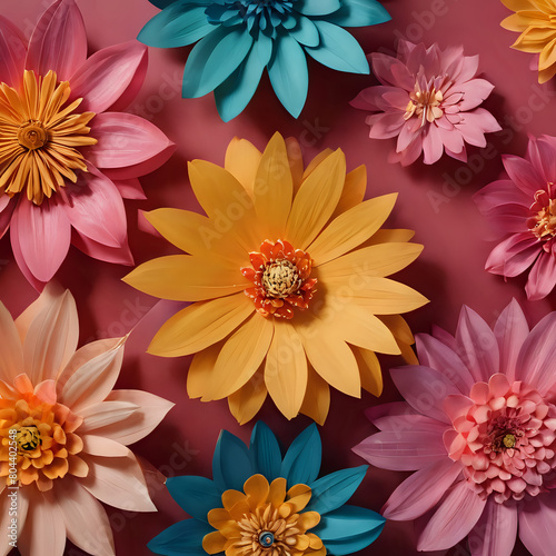 brightly colored paper flowers are arranged on a pink surface