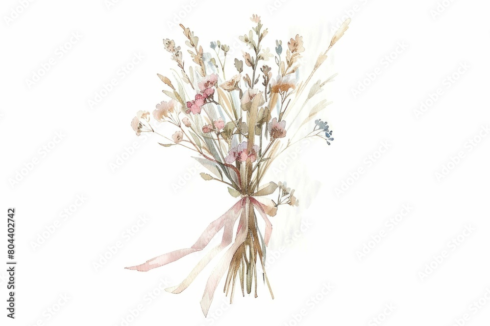 Beautiful Watercolor Drawing of a Bouquet of Flowers with Ribbon Tied Around It on White Background