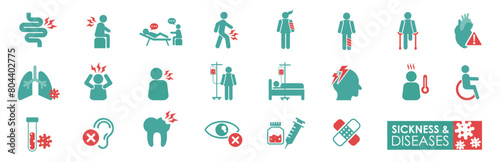 Sickness icon set solid icon collection Containing Heart Attack, disease, fever, patient, sick, illness, Headache, infection, symptom, injury, pain, and more.
