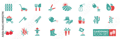 Gardening icon set solid icon collection. Containing plants, watering cans, carrots, flowers, trees, fences, cultivate and bug