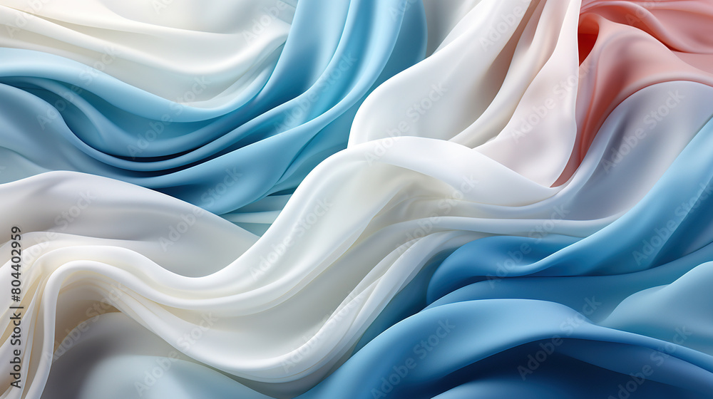 Fototapeta premium Contemporary Fluttering White Color Silk Fabric in Space With Delicate Folds on Bokeh Background