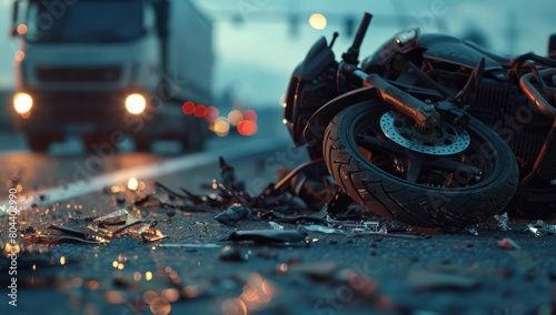 A devastating traffic collision scene showing a damaged motorcycle after a severe accident with a car photo