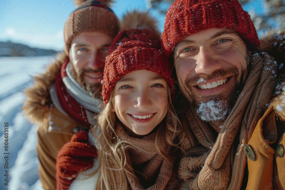 A family smiling for a selfie in winter clothing with a snow-covered landscape in the background A family smiling for a selfie in winter clothing with a snow-covered landscape in the background