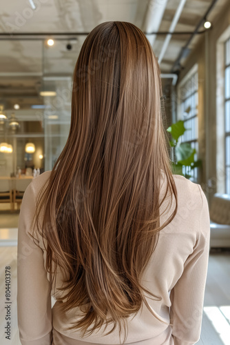 woman back with a beautiful long brown hair