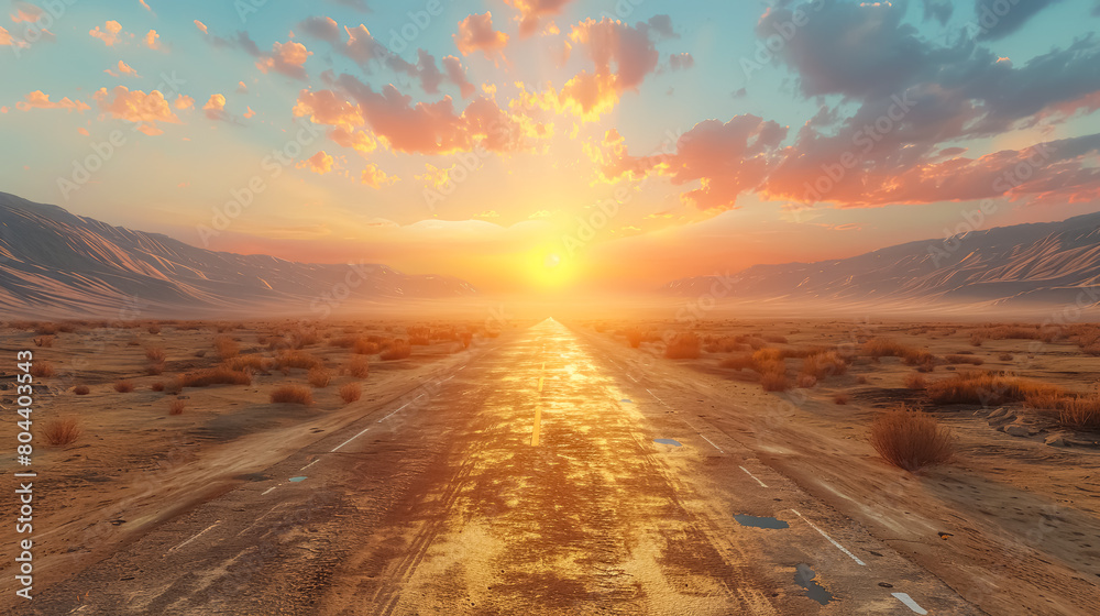 Desert highway stretching into the horizon with blue sky, clouds and sun in a background