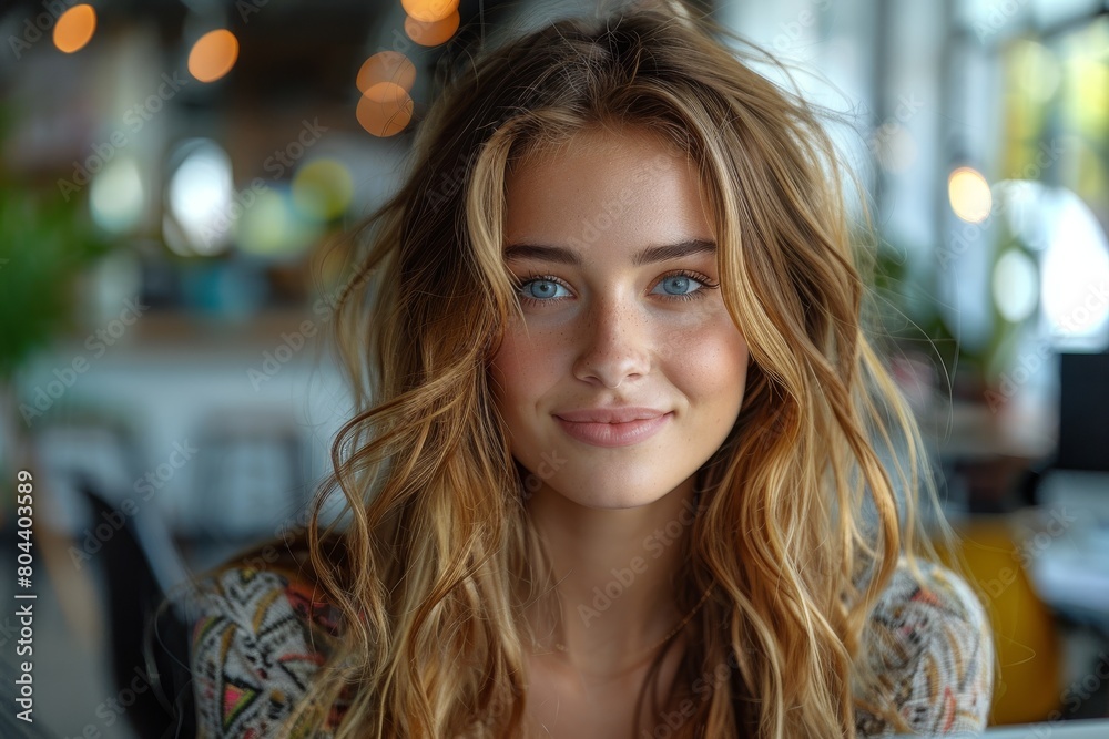 Elegant young woman with a captivating smile in a cafe, exuding a relaxed and cheerful atmosphere Elegant young woman with a captivating smile in a cafe, exuding a relaxed and cheerful atmosphere