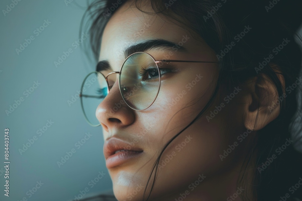 Closeup portrait of a woman wearing glasses and looking off to the side, showcasing facial expressions Closeup portrait of a woman wearing glasses and looking off to the side, showcasing facial expressions