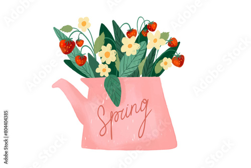 Cute flower teapot with strawberries. Watercolor bright and floral illustration. Perfect for greeting cards, invitations, banners, posters, textile, covers. 