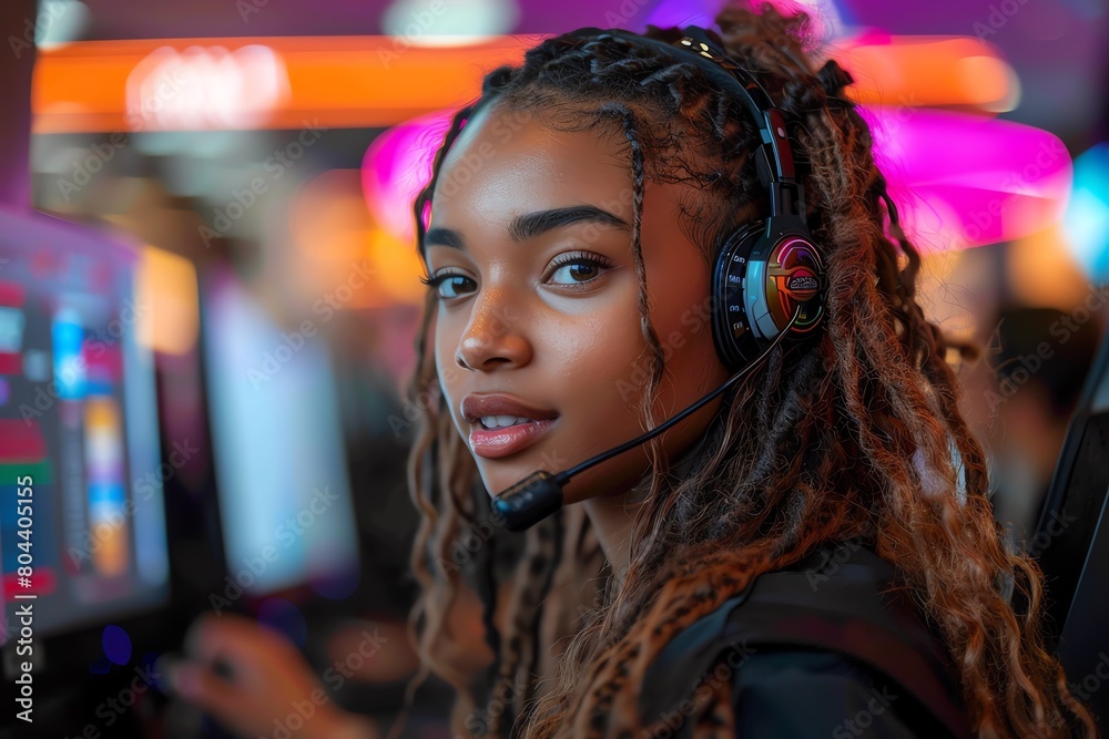 A modern open-plan office setting with diverse individuals engaging in customer service Focus on a young woman with a headset, speaking animatedly, multiple screens showing live data around her Bright