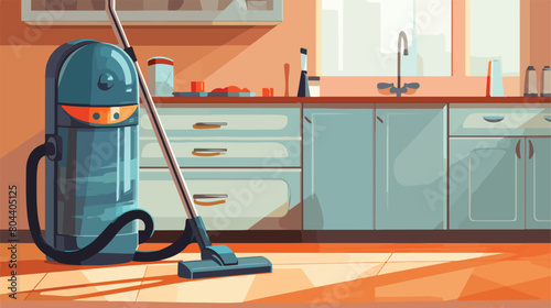 Modern vacuum cleaner in kitchen 2d flat cartoon va photo