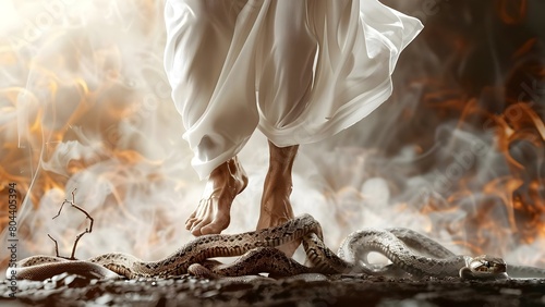 Man in white robe stepping on snake symbolizing Jesus defeating evil. Concept Religious Symbolism, Biblical Interpretation, Visual Metaphor, Good vs, Evil, Spiritual Allegory
