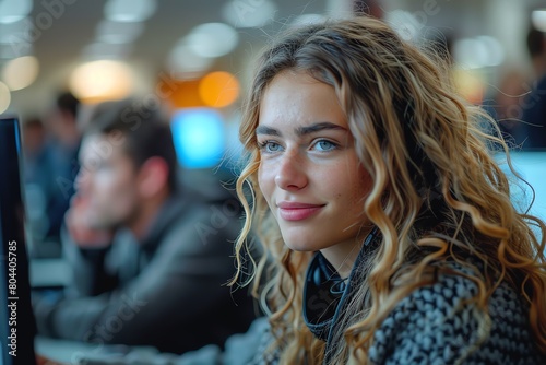 Wallpaper Mural Two customer service workers collaborating over a computer in a tech startup environment, focused and detailed scene, warm tones Torontodigital.ca
