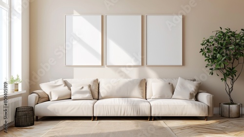 Wallpaper Mural Beige Living Room with sofa, Blank Photo Frame Mock Up, floor lamp, featuring tropical plants in ceramic pots and wooden floor, 3d rendering Torontodigital.ca