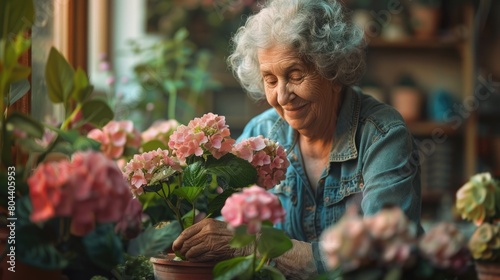 Serene Elderly Woman Enjoying Gardening with Blooming Hydrangeas © Anastasiia