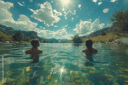 People partially submerged in a clear water body facing the sun  with air bubbles
