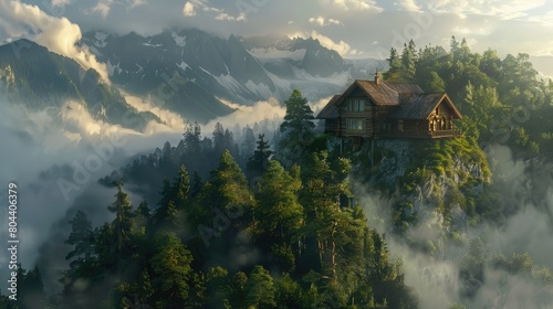 chalet in a forest on the top of a fantastic digital art mountain AI generated