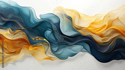 Transparent Gold With A Focus On Teal and White Quartz Fluid Alcohol Ink Splashes on Background