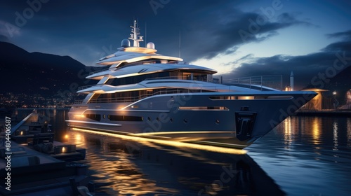 Luxury Yacht Docked in Marina at Twilight photo